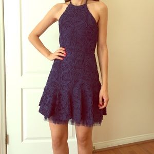 BCBG royal blue floret design halter dress.